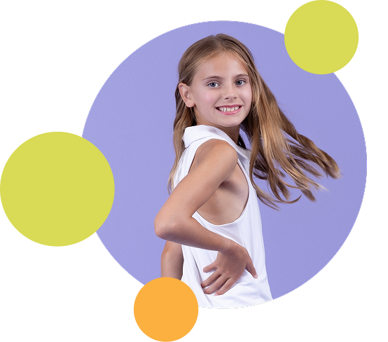 Young smiling dancer girl inside a purple circle with yellow and orange decorative accent dots